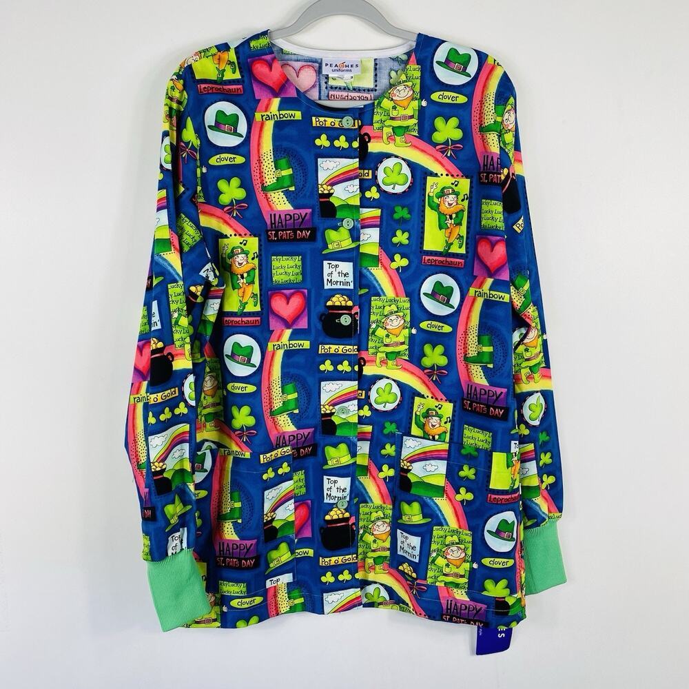 Peaches Scrub Jacket Women's Small St. Patrick's Day Long Sleeve Colorful 6083